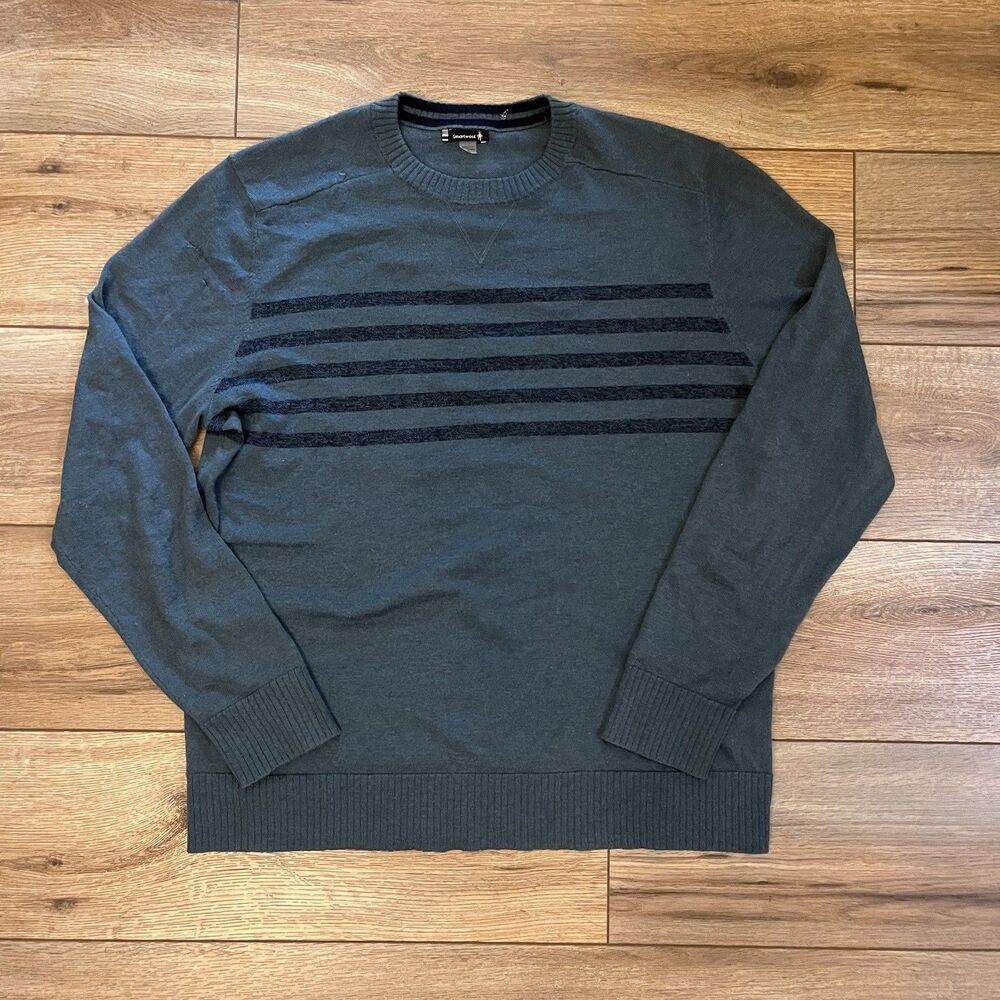 Smartwool Blue Striped Crewneck Sweater Merino Wool Blend Pullover Men's L